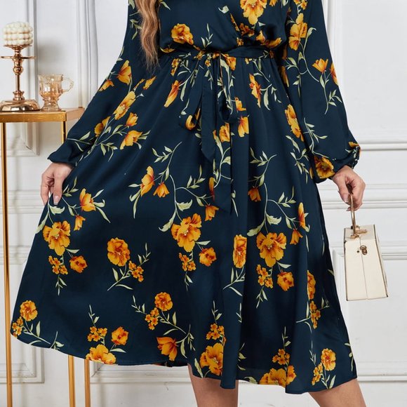 Melo Apparel Plus Size Floral Print Surplice Neck Midi Dress - Picture 4 of 8